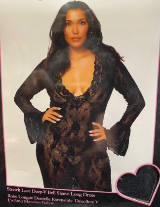 Stretch Lace Deep-V Bell Sleeve Long Dress